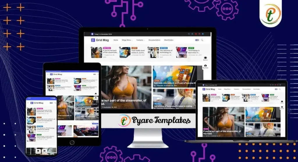 Grid Mag Blogger template homepage preview with cards, carousel, dark mode and mega-menu