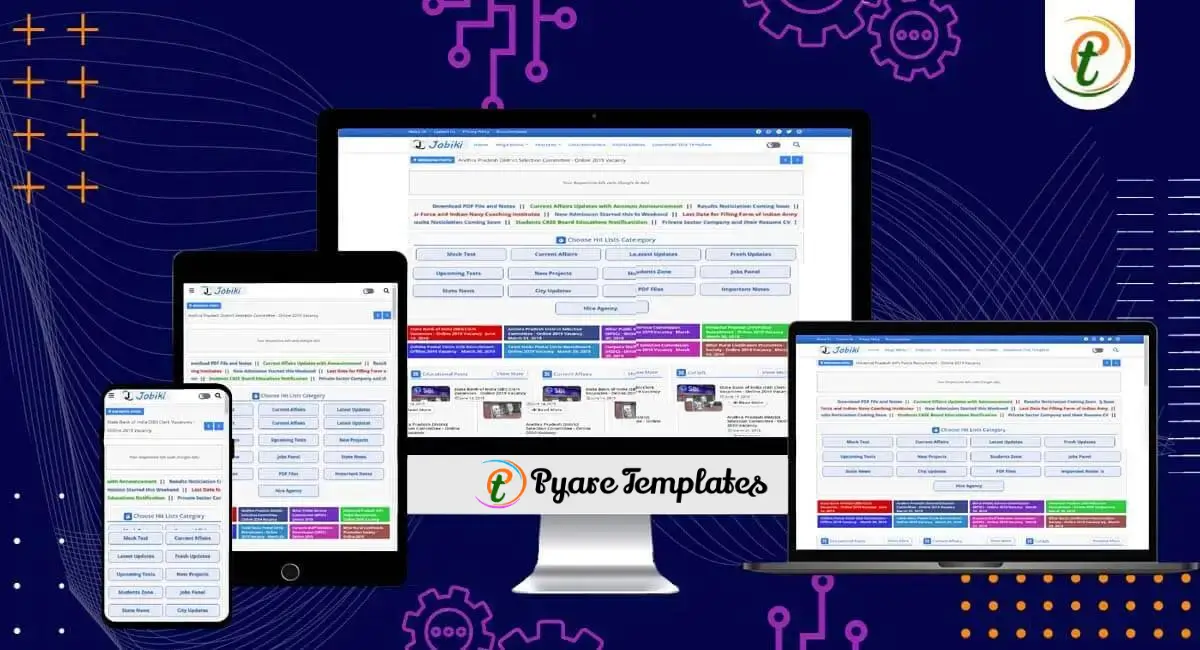 Jobiki Blogger template displaying job and education portal layout with cards and tables