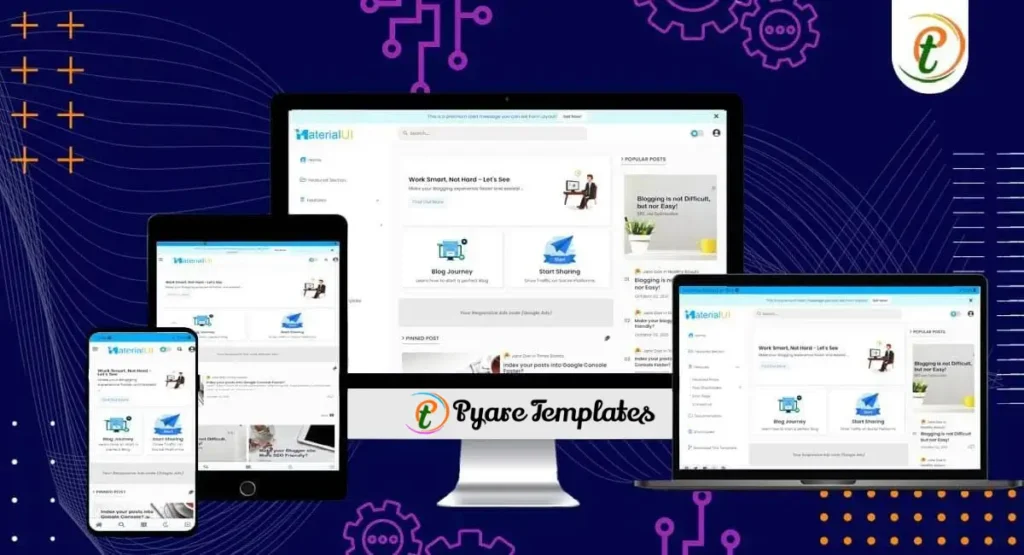 Material UI Blogger template displayed on desktop, tablet, and mobile with material design