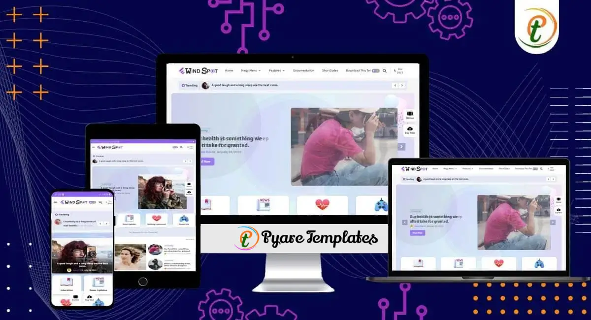 WindSpot Blogger template on desktop, tablet, and mobile with top slider and category cards