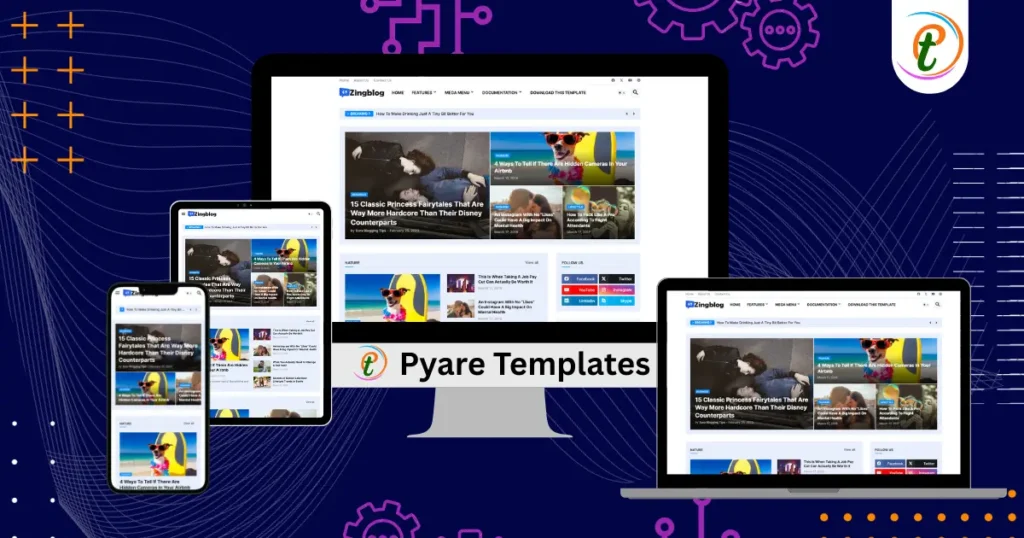 Zing Blog Template screenshot showing featured slider and categorized layout