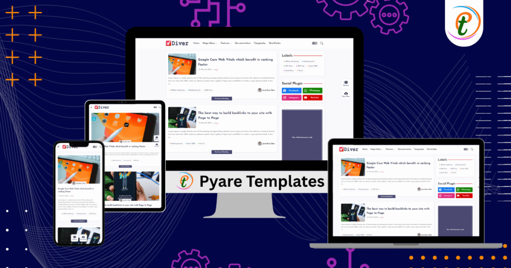Diver Blogger template demo showing minimalist layout, fast loading speed meter, shortcode functionality overview.