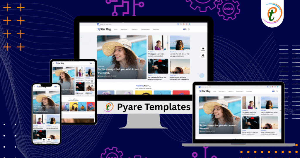 Star Mag Blogger template demo showing speed gauge, shortcode tools, and featured post layout.